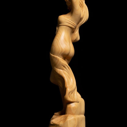 7" Boxwood Carved Girl Statue Beauty Model Hair Woman Home Decor