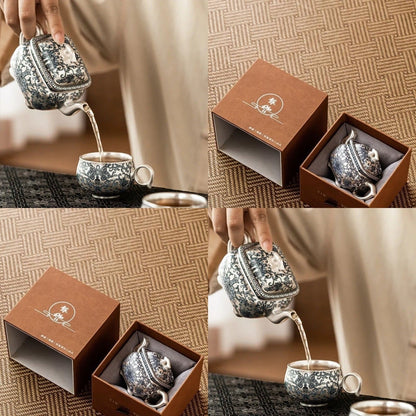 Chinese Ceramic Silver Finish Teapot 150ml Enamel Floral Square Gongfu Tea Pot