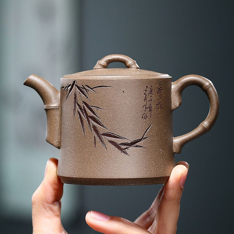 China Real Yixing Zisha Duan Clay Tea Pot Bamboo Carved 200ml Handmade Pot 6.8oz