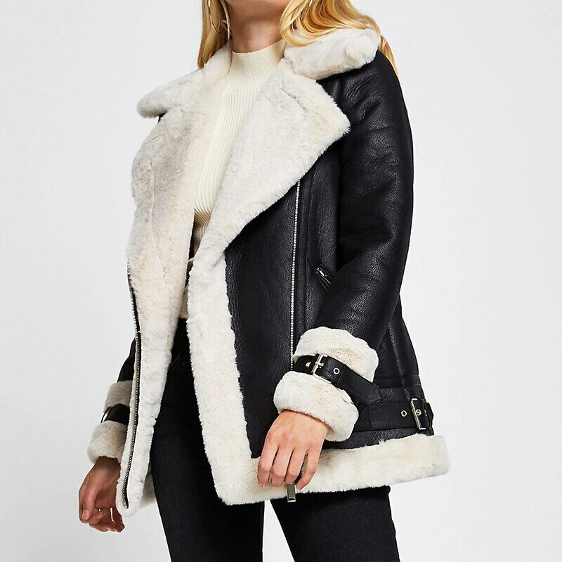 Pu Faux Soft Leather Black White Sheepskin Fur Jacket Female Aviator Outwear