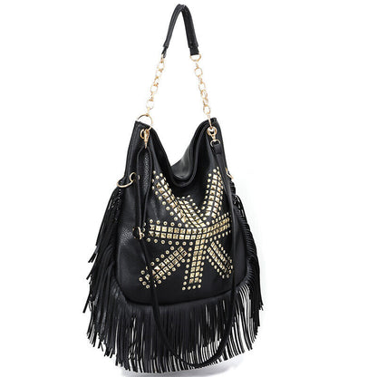 Celela Bohemian Style Retro Fashion Trend Rivets Leather Tassel Shoulder Bag