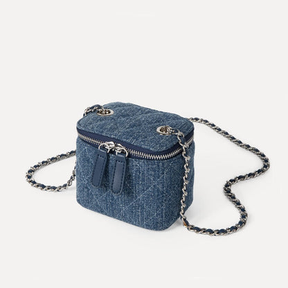 Mini Quilted Denim Shoulder Bag Vanity Case Purse Box Clutch Crossbody w/ Chain