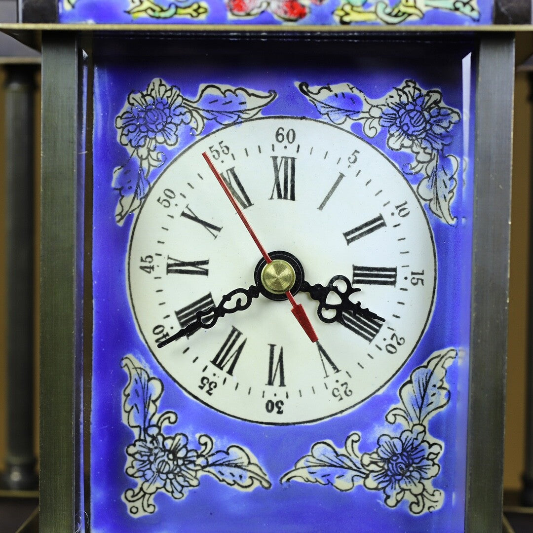 8.07" China Cloisonné Bronze Colour Enamels Flower Column Mechanical Desk Clock