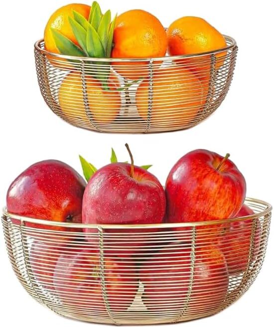 Air Circulating Fruit Basket Set - Includes 10" and 8" Wide Bowls (Gold Color)