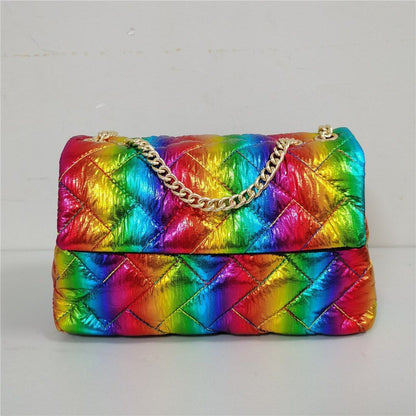 Rainbow Stitching Synthetic Handbag Metallic Chain Strap Crossbody Bag 27*9*17CM