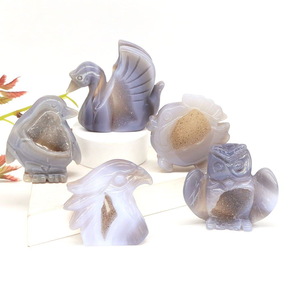 Animal Figurine Natural Stone Swan Eagle Fish Owl Penguin Statue Crystal Carving