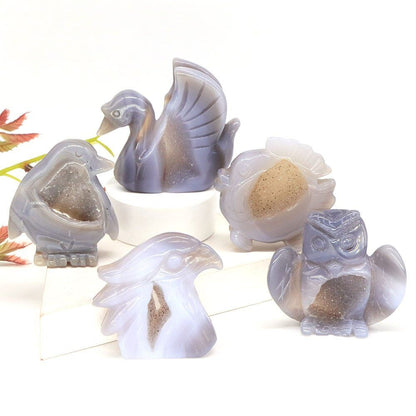 Animal Figurine Natural Stone Swan Eagle Fish Owl Penguin Statue Crystal Carving