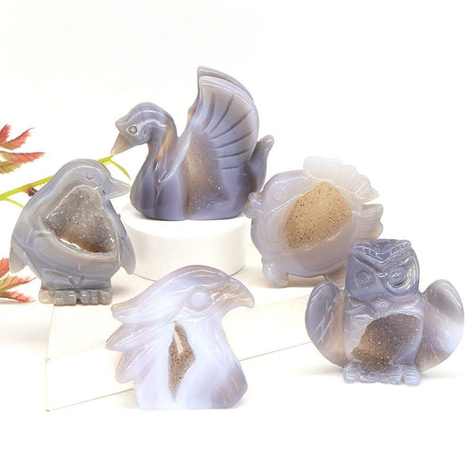 Animal Figurine Natural Stone Swan Eagle Fish Owl Penguin Statue Crystal Carving