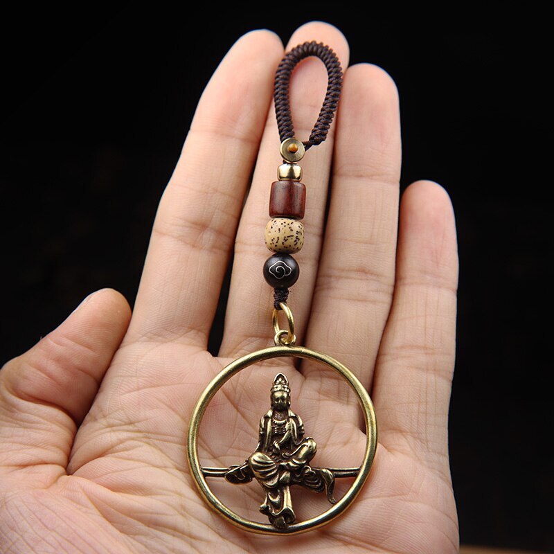 Vintage Brass Guanyin Bodhisattva Round Key Chain Ring Lanyard Pendant Buddhist