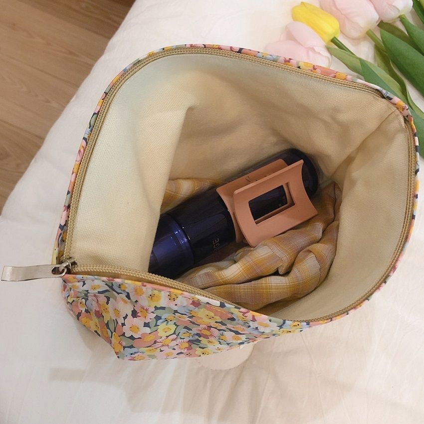 Floral Makeup Bag Large Cotton Fabric Cosmetic Traveling Case Storage Organizer