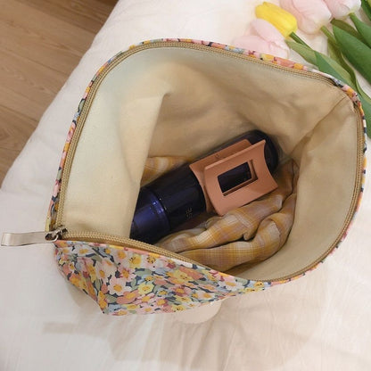 Floral Makeup Bag Large Cotton Fabric Cosmetic Traveling Case Storage Organizer