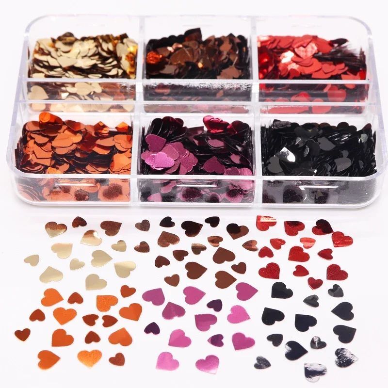 Nail Glitter Sequins 6Grids Mixed Red Black Heart Valentine's Day Manicure Decor