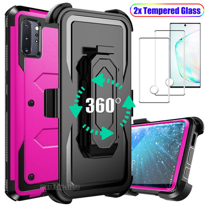 For Samsung Galaxy Note10+ Case Clip Belt Stand Cover / Tempered Glass Protector