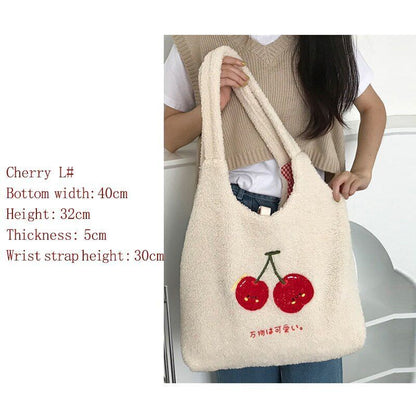 Plush Tote Bag Shopper Handbag Cute Embroidery Wool Shoulder Bag Polyester Soft
