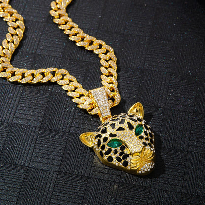 Gold Leopard Head Cuban Chain Iced Out Hip Hop Gothic Rapper Necklace