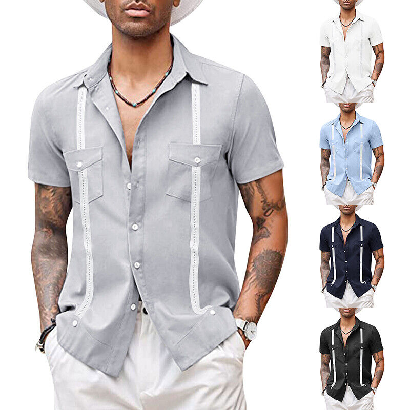Men T-shirt Short Sleeve Tops Blouse V Neck Casual Shirts Baggy Beach Fashion ⊰