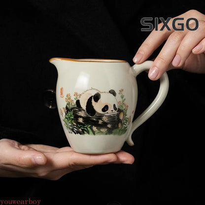 Ru Kiln Ceramic Fair Cup Tea Strainer Hand-painted Panda Tea Caddy