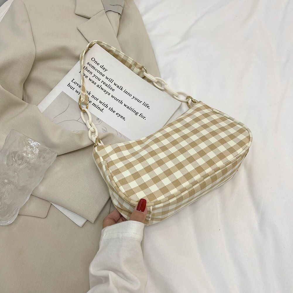Oxford Cloth Plaid Shoulder Underarm Bags Chain Small Purse Handbag 22*13*6 CM