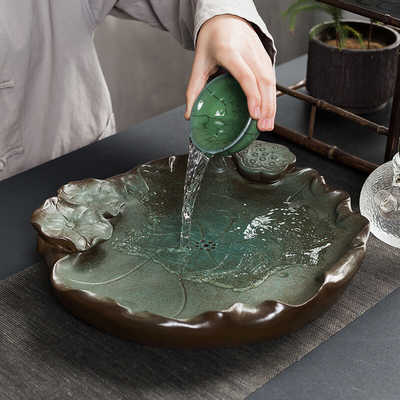 Fast Shipment Crude Pottery Tea Tray Lotus Carved Design Chinese Tea Plate New