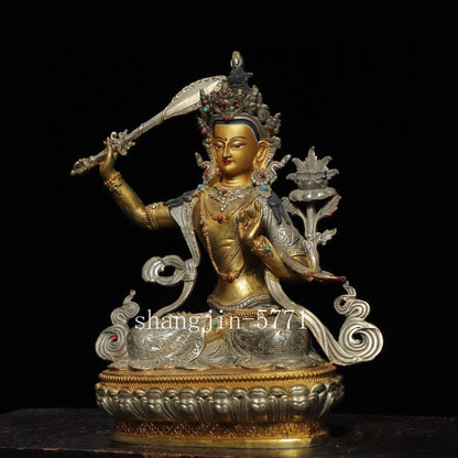 12.2"Xizang Buddhism Temple Bronze Hold Sword Manjushri Tara Buddha Statue