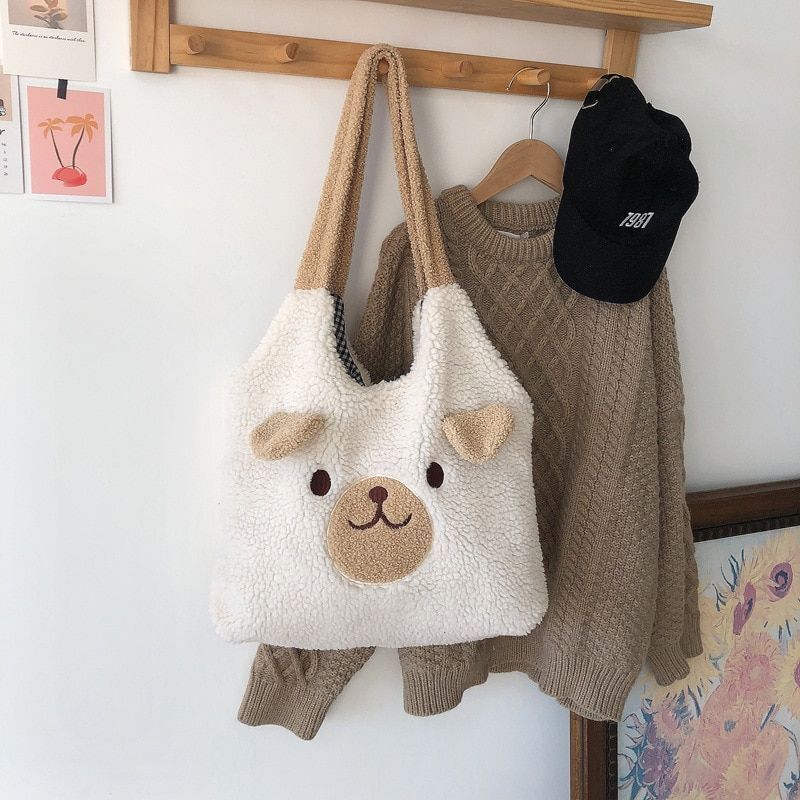 Winter Soft Plush Bag Women Cartoon Embroidery Imitation Lamb Hair Shoulder Bag