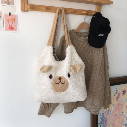 Winter Soft Plush Bag Women Cartoon Embroidery Imitation Lamb Hair Shoulder Bag