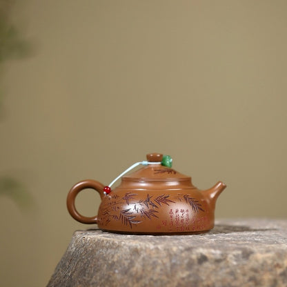Handmade Tea Pot Marked Bamboo Carved Real Yixing Zisha Clay Master Pot 180ml