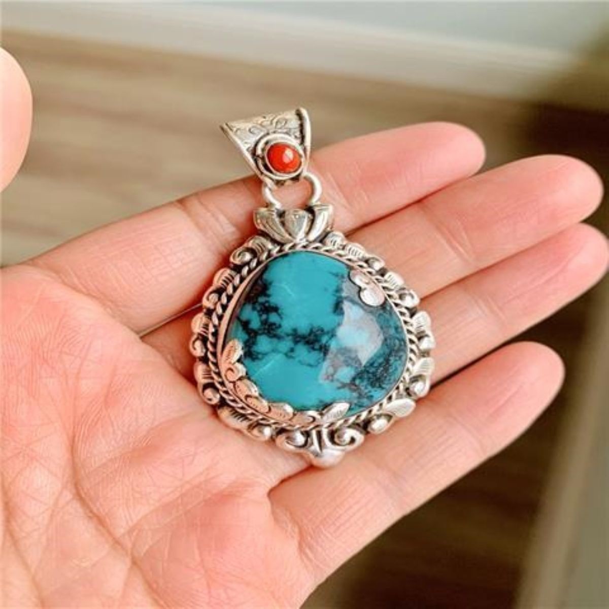 Nepalese Ethnic Blue Stone Pendant Handmade Silver Inlaid Tribal Jewelry