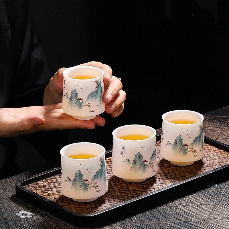 One Cup Fat Mutton Jade Porcelain Kungfu Tea Cup Mountain River Print Mug 110ml