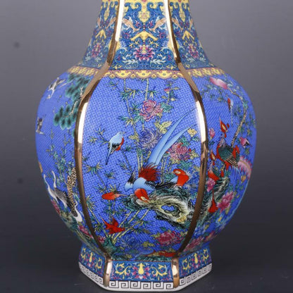 10 "Chinese Exquisite Celadon Qing Qianlong Gilded Golden Peacock Vase