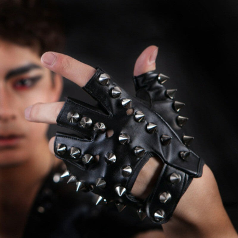 Fashion Mens Metal Spike Studded Leather Fingerless Gloves Cosplay Biker Rock