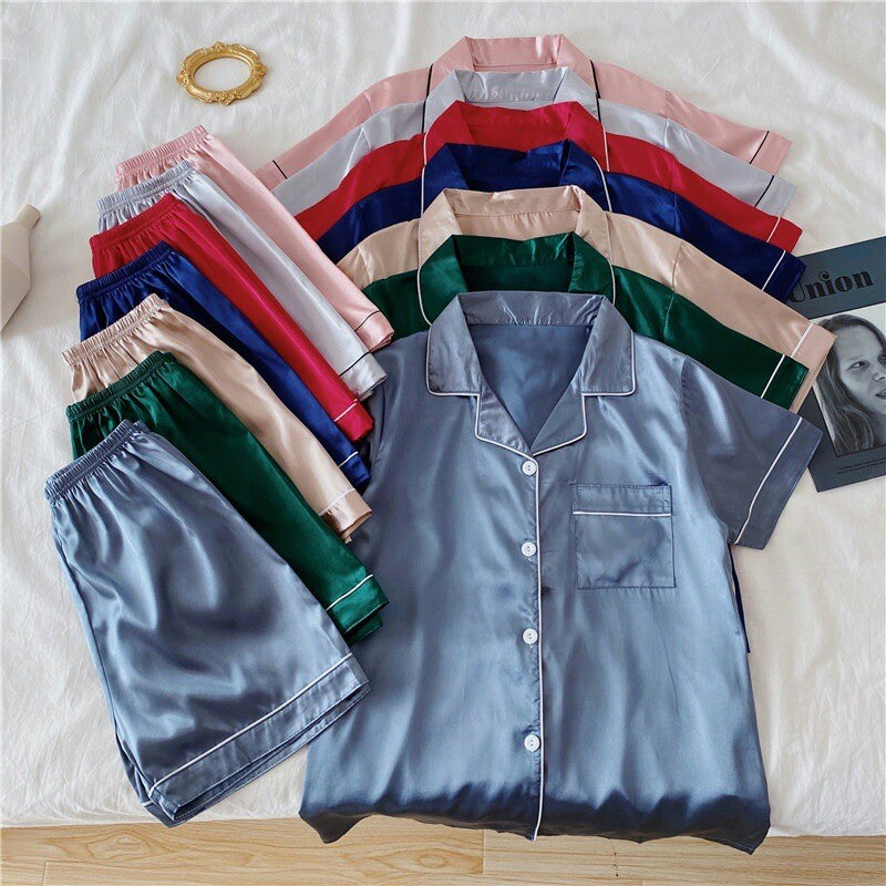 Women Set 2Pcs Satin Pajamas Short Sleeve Button-Down Sleepwear Loungewear Charm
