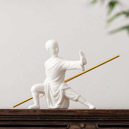 Porcelain Monk Statue Chinese Kungfu Posture Shaolin Monk Boy With Bar Tea Pet