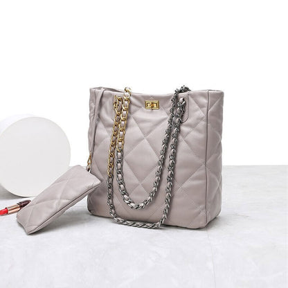 Quilted Sheepskin Leather Tote Shoulder Bag Purse Chain Handles Handbag Fashion-