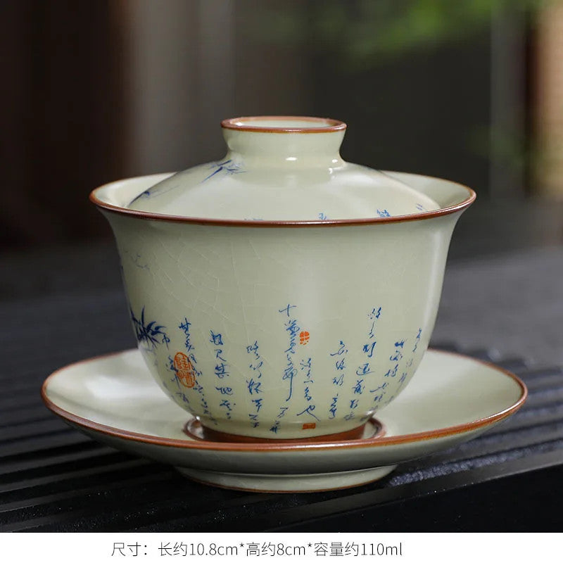 Handmade Ceramic Gaiwan Chinese Teacup Hand-painted Flower Porcelain Tea Cup