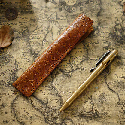 Portable Real Leather Pen Protector Bag Holder Pencil Case Handmade Carved Gifts