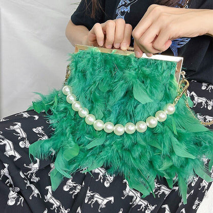 Luxury Real Feather Purse Handbag Clutch Shoulder Bags Pearl Chain 20*5*18 CM