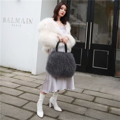 Women Real Mongolian Sheep Fur Handbags Ladies Casual Fluffy Fur Tote Bags