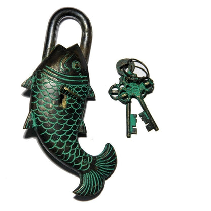 Antique Look Fish Design Functional Brass Padlock with 2 Keys Deep Black Green