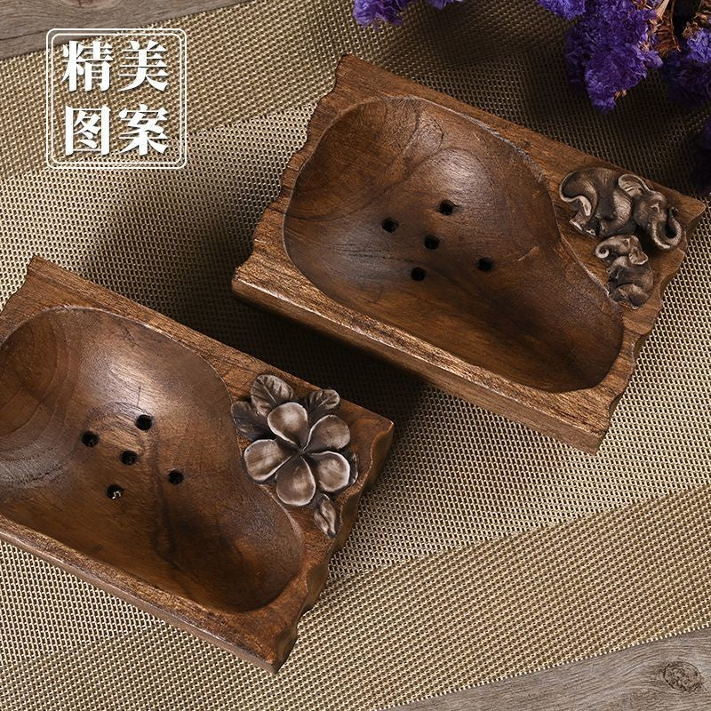Thai Handmade Solid Wood Soap Dish 15cm Vintage Drain Soap Holder for Bathroom