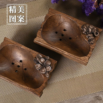 Thai Handmade Solid Wood Soap Dish 15cm Vintage Drain Soap Holder for Bathroom