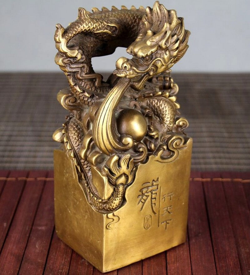 Chinese Royal Brass Dragon Seal Stamp Statue Feng Shui Decor