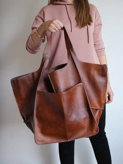 Women Large Capacity Soft Leather Casual Tote Shoulder Bag Retro Shopper Handbag
