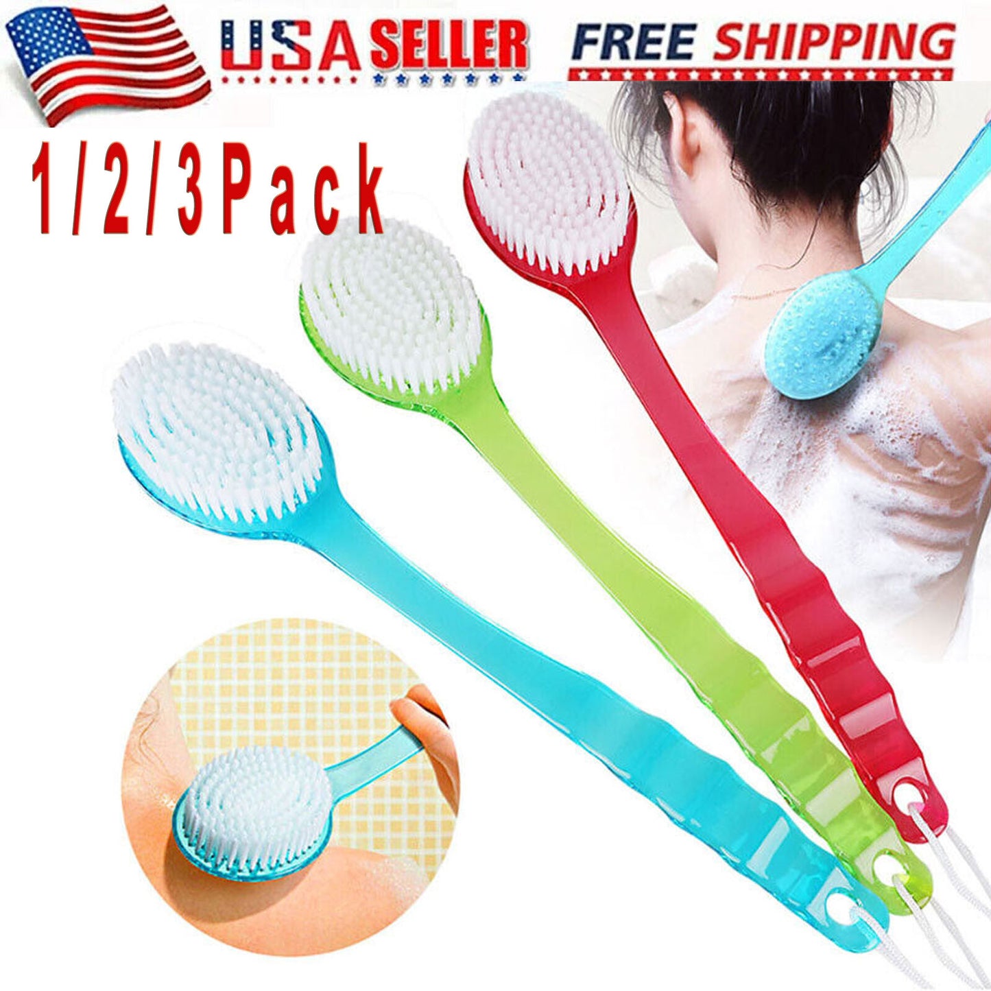 Long Handle Bath Body Brush Soft Back Shower Exfoliating Skin Scrubber Massager