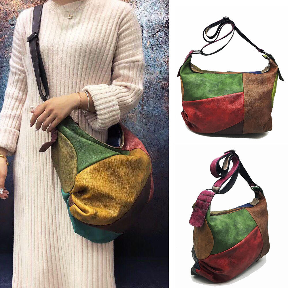 Vintage Patch Ruched Brushed Real Leather Hobo Shoulder Bag Crossbody Purse