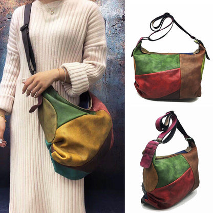 Vintage Patch Ruched Brushed Real Leather Hobo Shoulder Bag Crossbody Purse