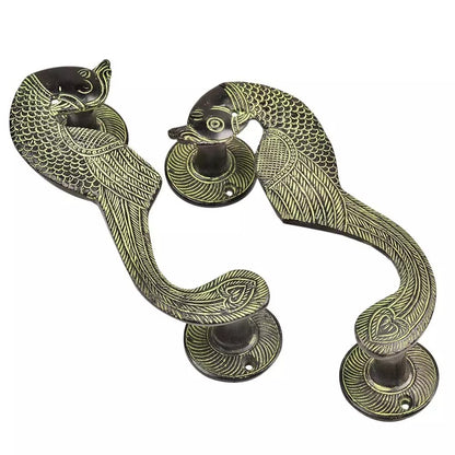 Set of 2 Antique Look Brass Decorative Patina Peacock Door Handle Home Decor