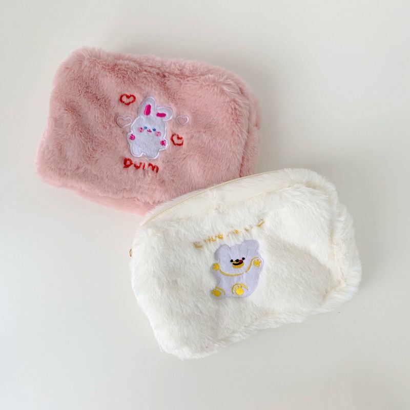 Embroidery Bear Plush Cosmetic Bag Makeup Organizer Toiletries Storage Pouch 1PC