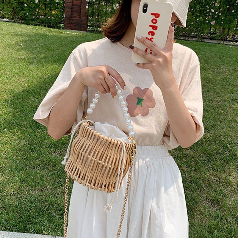 Woven Straw Bag Pearl Chain Round Handmade Handbag Shoulder Purse 16*16*14 CM