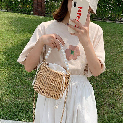 Woven Straw Bag Pearl Chain Round Handmade Handbag Shoulder Purse 16*16*14 CM